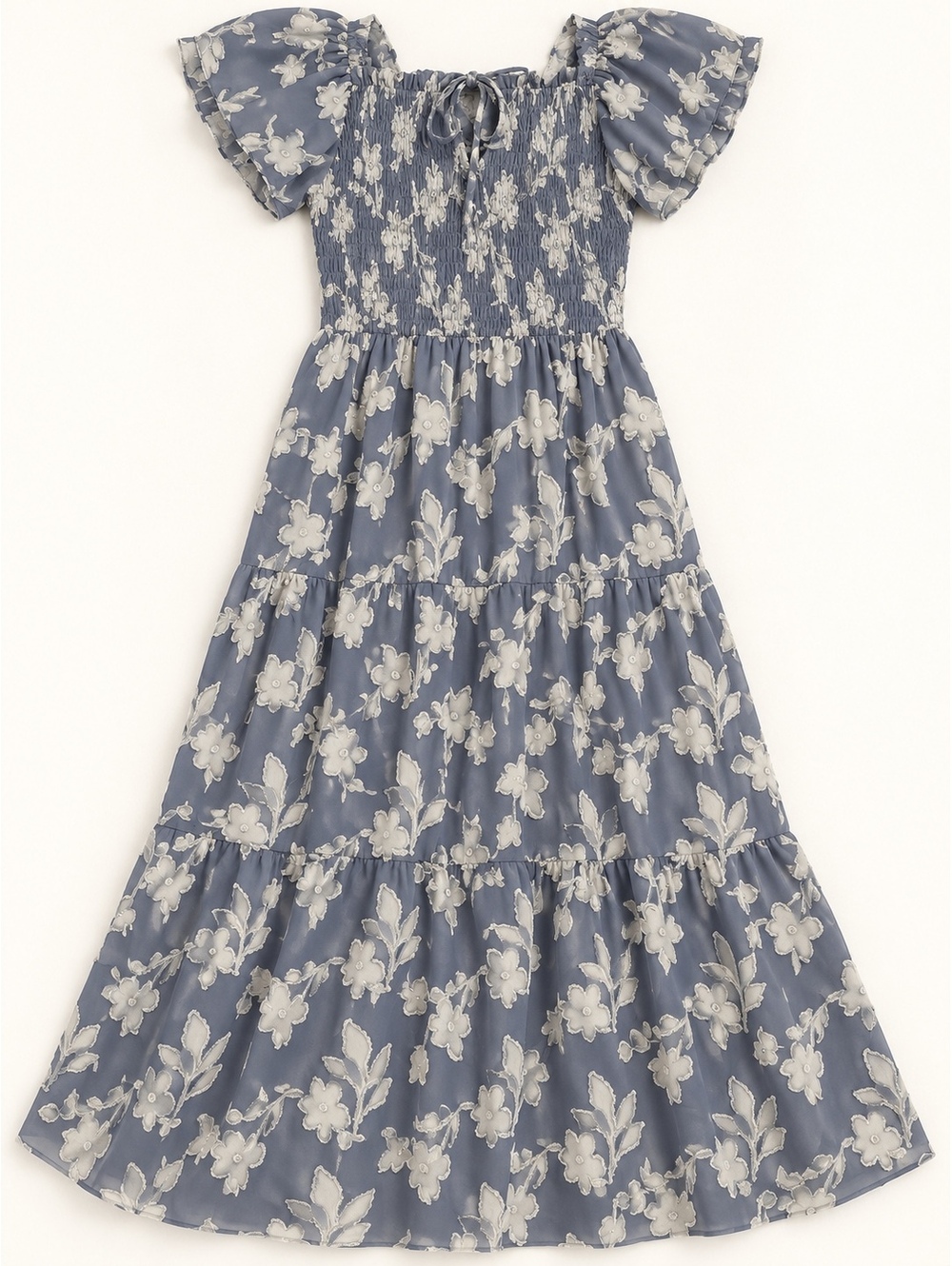 ZESICA Blue Floral Textured Smocked Tiered Dress Large NWOT